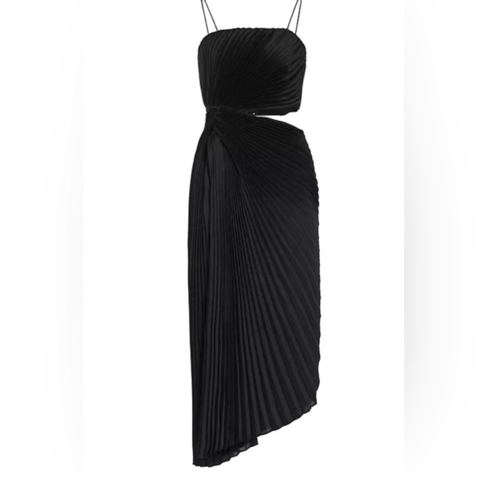 Alice + Olivia Fayeth Pleated Black Satin Cut-Out Midi Dress